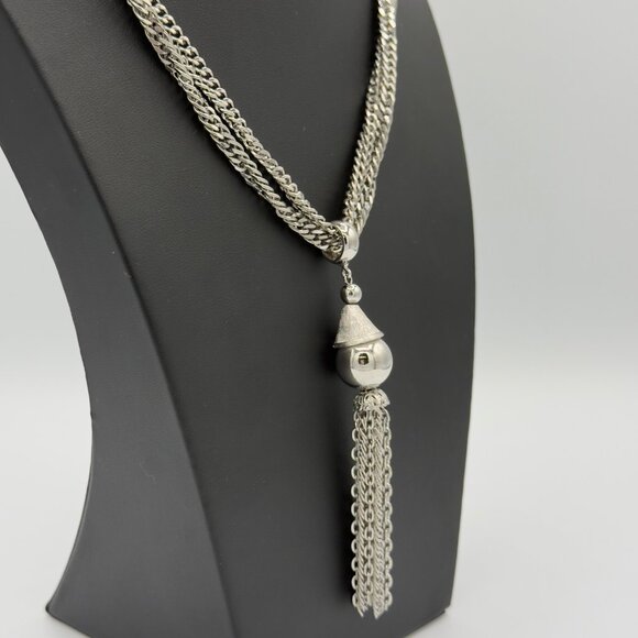 Vintage Silver Tone Tassel Necklace Fringe Pendant - Picture 2 of 9